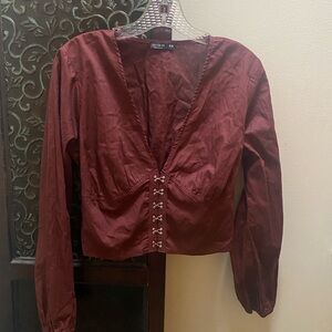 Cotton On Red Fitted Crop Blouse with Mandarin Collar